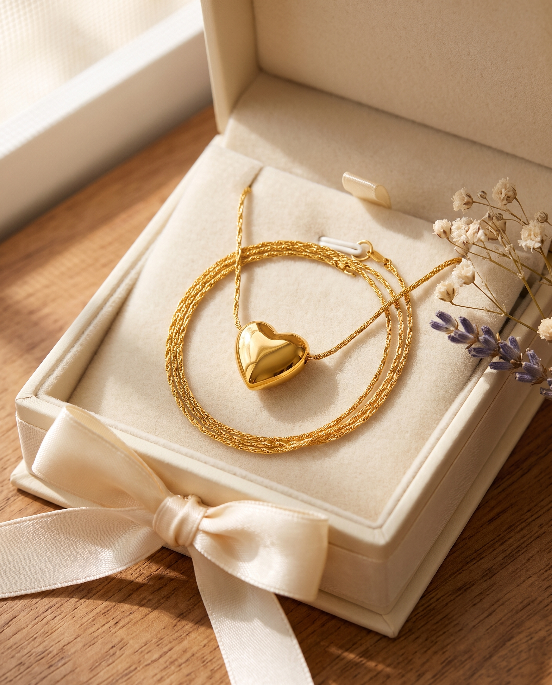 Collier Cœur Puffy dans son coffret cadeau avec fleurs séchées